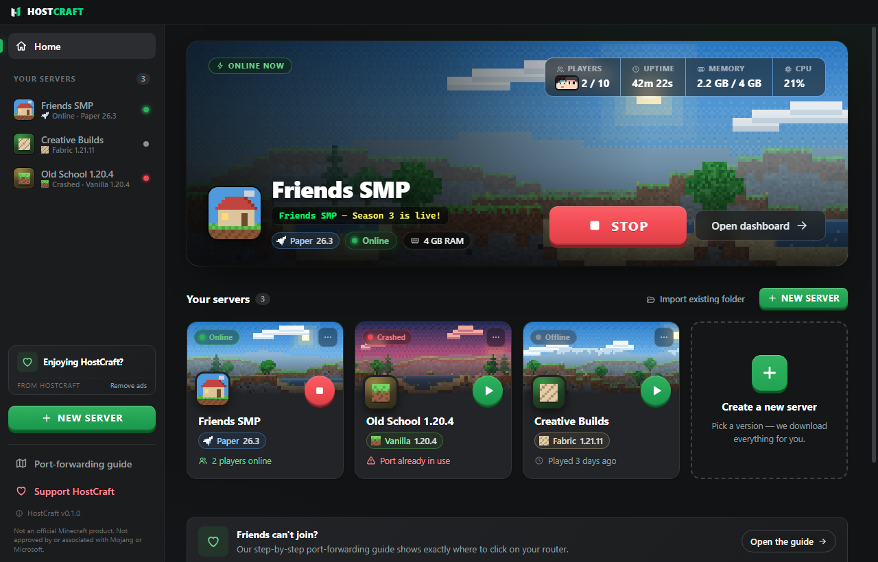 HostCraft home screen with server cards and a big Stop button